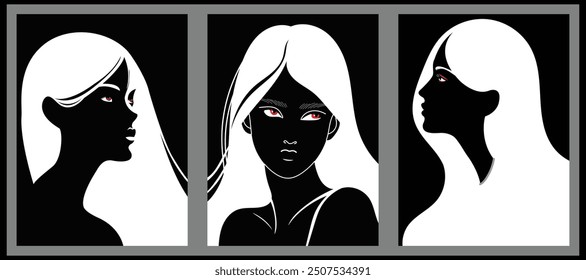 Minimalist vector illustration featuring a stylized woman in three poses with contrasting black and white silhouettes and striking red eyes. Ideal for editorial, fashion, or artistic designs