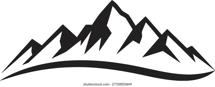 Minimalist vector illustration featuring a stylized black silhouette of a rugged mountain range, ideal for logos, branding, outdoor recreation, adventure travel, and nature-themed designs.