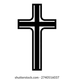 A minimalist vector illustration featuring a stylized black Christian cross with rounded corners and a double-line design on a clean white background. This icon represents faith and spirituality.
