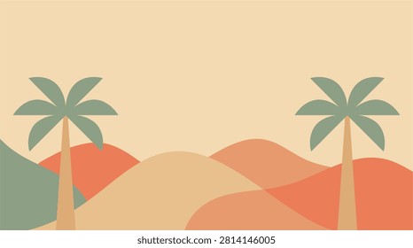 Minimalist vector illustration featuring stylized tropical palm trees set against a backdrop of soft rolling dunes in muted pastel tones