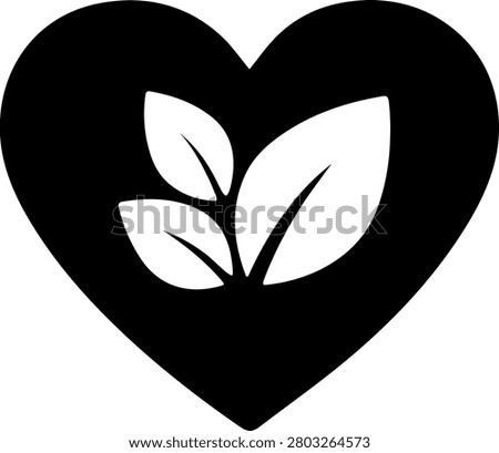 A minimalist vector illustration featuring a stylized heart shape containing three organic, white-colored leaves. The design harmonizes themes of affection, passion, and environmental consciousness, symbolizing 