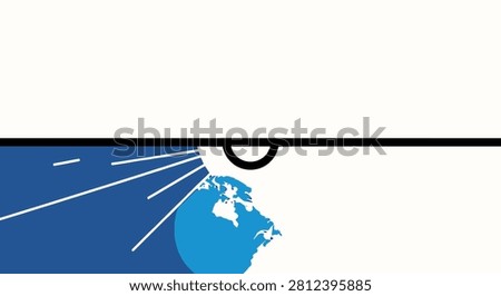 Minimalist vector illustration featuring a stylized blue Earth globe illuminated by a focused beam of light from above
