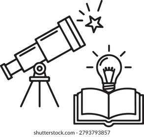 A minimalist vector illustration featuring a telescope on a tripod pointing upward with a starburst, alongside an open book with a glowing lightbulb symbol emerging from its pages. This design symbolizes discovery, knowledge, and innovation in an educational or creative context, rendered in a clean, flat style with fine line details.