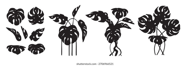 A minimalist vector illustration featuring three monstera plant silhouettes with tropical leaf shapes. Perfect for botanical design, home decor, packaging, and natural-themed backgrounds.