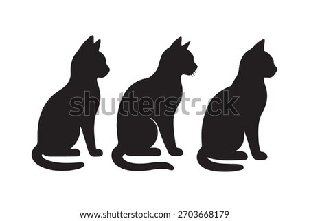 A minimalist vector illustration featuring three identical black cat silhouettes sitting in profile, facing right, against a clean, isolated white background. Perfect for pet-related designs.