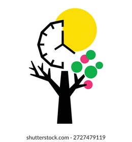 Una Ilustración vectorial minimalista con un árbol con un reloj como cabeza, adornado con frutas de colores, que representa el concepto de gestión del tiempo.