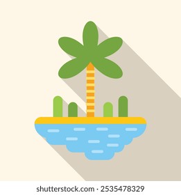 Minimalist vector illustration featuring a tropical island with a solitary palm tree casting a long shadow over the surrounding water