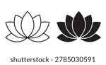 Minimalist vector illustration featuring two lotus flower designs, one as a line art outline and the other as a solid black silhouette.
