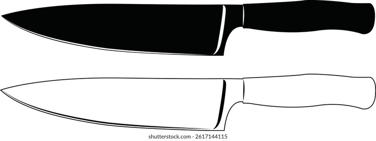 Minimalist vector illustration featuring two versions of a chef knife: a solid black silhouette and a clean black outline version. Ideal for culinary infographics, restaurant branding, kitchen-themed