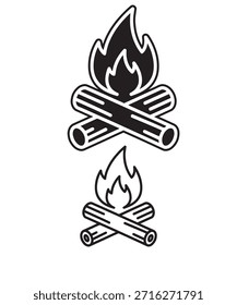 Una Ilustración vectorial minimalista con dos variaciones de un ícono de fogata. El conjunto incluye una versión de silueta negra sólida y una versión de contorno negro limpio. Ambos iconos representan troncos dispuestos en forma de cruz con llamas ardiendo en la parte superior. Este diseño es ideal para su uso en marcas, interfaces de Web, aplicaciones móviles y otros Materiales promocionales relacionados con el camping, el senderismo, los viajes y las actividades al aire libre.