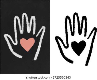 Una Ilustración vectorial minimalista con dos manos abiertas estilizadas, cada una con un símbolo de corazón en la palma de la mano. La mano izquierda es blanca con un corazón rosa sobre un fondo negro, mientras que la mano derecha es negra con un corazón negro sobre un fondo blanco. Este diseño transmite temas de conexión emocional, unidad, contraste y cuidado humanitario. Ideal para su uso en contextos de salud mental, caridad, empatía y primeros auxilios psicológicos.
