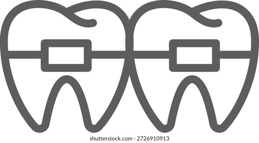Una Ilustración vectorial minimalista con dos dientes molares con soportes de ortodoncia y un arco de conexión. Ideal para odontología, tratamiento de ortodoncia y conceptos de higiene dental.