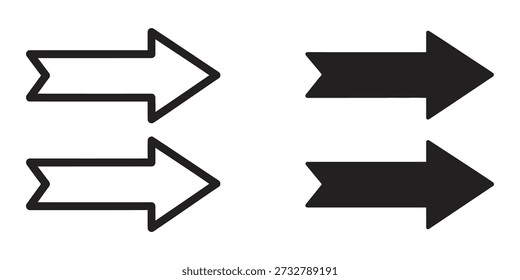 Minimalist vector illustration featuring two sets of arrows. The left set consists of two thin, hollow arrows pointing right, while the right set features two thick, solid black arrows pointing right. Ideal for modern design projects.