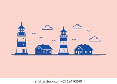 A minimalist vector illustration featuring two striped lighthouses and small coastal cottages. Vector