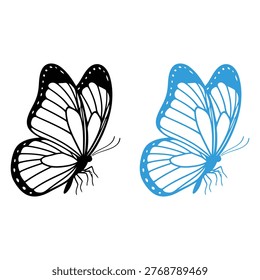 Minimalist vector illustration featuring two stylized butterflies side by side   one in black and one in blue. Each design showcases symmetrical wings with vein details and dotted accents. Perfect for use in nature themes, decorative artwork, environmental projects, educational materials, or branding. Clean and versatile for both print and digital applications