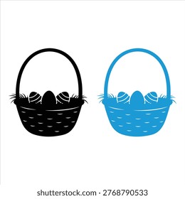 Minimalist vector illustration featuring two stylized baskets filled with eggs   one in black and one in blue. Clean and versatile design suitable for Easter themes, farm branding, agricultural projects, educational materials, or decorative digital artwork. Perfect for both print and web applications.