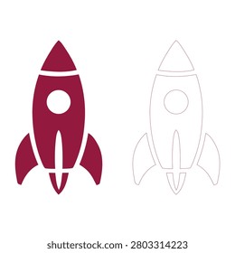 Minimalist vector illustration featuring two maroon rocket ship icons depicted in both solid and outline styles for creative design projects