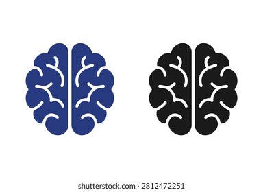 A minimalist vector illustration featuring two human brain symbols side by side in blue and black colors symbolizing cognitive function and psychology