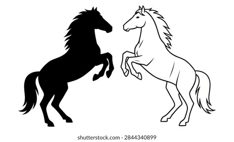 A minimalist vector illustration featuring two horses rearing on their hind legs in a symmetrical pose. One horse is depicted as a solid black silhouette, while the other is shown as a clean black line art outline on a white background. The design captures the power and grace of wild stallions in a dynamic, mirrored composition.