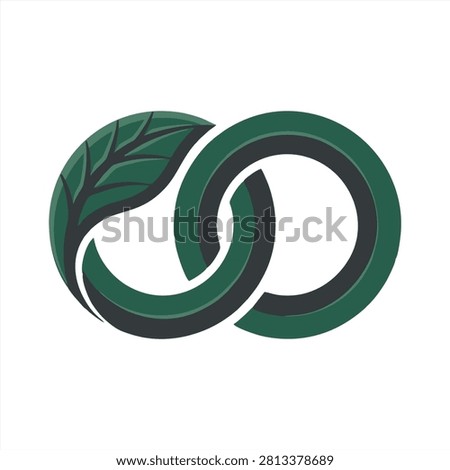 Minimalist vector illustration featuring two interlocking circles where one transforms into a green leaf representing sustainable partnership and organic growth.