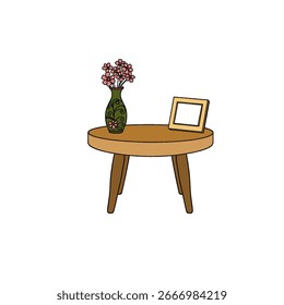 Una Ilustración vectorial minimalista con un jarrón con hojas, una cámara, en una mesa redonda, creando una atmósfera serena.
