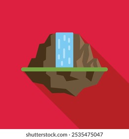 Ilustración vectorial minimalista con una cascada en cascada desde una montaña, sobre un fondo rojo vibrante con una larga sombra