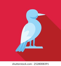 Minimalist vector illustration featuring a white bird with light blue shades standing on a branch, on a red background