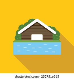 Ilustração vetorial minimalista com um boathouse de madeira situado na margem de um lago tranquilo, renderizado em um estilo de design plano