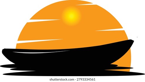 Minimalist vector illustration featuring a wooden boat silhouette with a crescent moon against an orange sunset circle background. Perfect for nautical themes, fishing, adventure, travel, maritime branding, logos, stickers, t-shirts, and outdoor design projects.