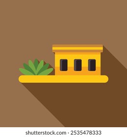 Minimalist vector illustration featuring a yellow building standing on brown ground with a green bush to the left