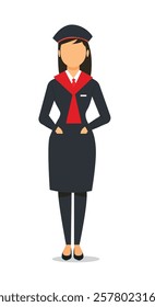 A minimalist vector illustration of a female air hostess, airline staff member in a formal navy-blue uniform with a red scarf and hat. Clean and professional design on a white background.