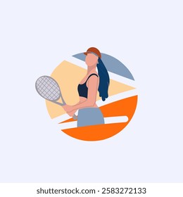 Minimalist vector illustration of a female tennis player holding a racket, wearing a visor and sportswear, with an abstract geometric background. Perfect for sports and fitness-related designs