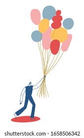Minimalist vector illustration. Festive drawing depicting boy holding bunch of colorful balloons. For cards, posters, gift bags. Celebration, party.