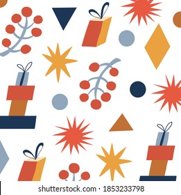 Minimalist vector illustration.  Festive pattern with different elements. Gift boxes, red berries, stars, geometric shapes. Christmas and New Year celebration.