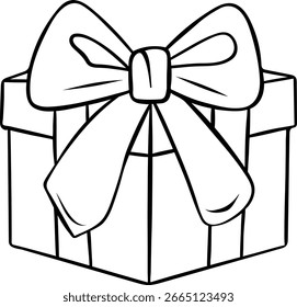 Minimalist vector illustration of festive wrapped present. Sketch-style black and white outline perfect for tags, cards, or holiday packaging designs