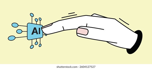 A minimalist vector illustration of a finger pressing an AI symbol, representing human interaction with artificial intelligence. Perfect for themes of innovation, technology, and digital advancement.