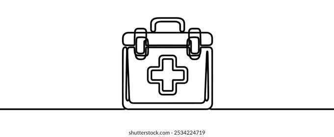 Minimalist vector illustration of a first aid kit, drawn with one continuous line