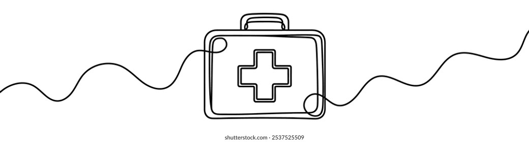 Minimalist vector illustration of a first aid kit, drawn with one continuous line