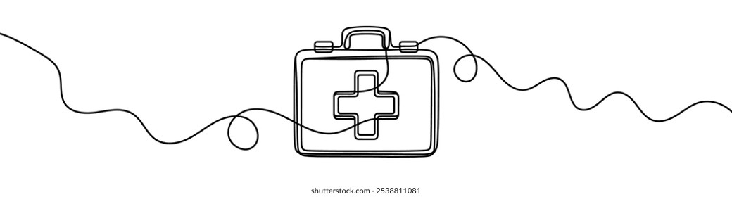 Minimalist vector illustration of a first aid kit, drawn with one continuous line