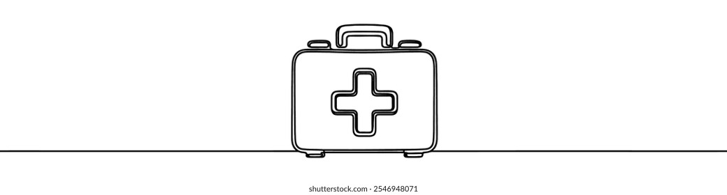 Minimalist vector illustration of a first aid kit, drawn with one continuous line