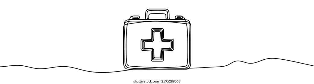 Minimalist vector illustration of a first aid kit, drawn with one continuous line