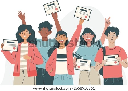 Minimalist Vector Illustration of Five Happy Teenagers Holding Diplomas – Joyful Celebration of School Success and Exam Results – Modern, Soft ColorS