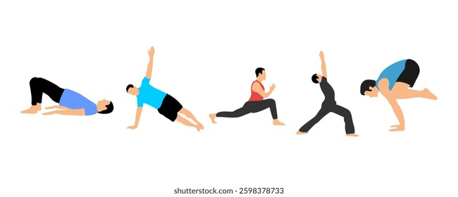 Minimalist vector illustration of five people practicing different yoga poses. Each figure is depicted in a unique posture, emphasizing balance, strength, and flexibility on a white background