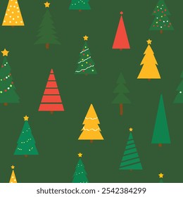 Minimalist vector illustration of flat Christmas trees on a green background. Perfect for holiday cards, festive decorations, and seasonal designs.