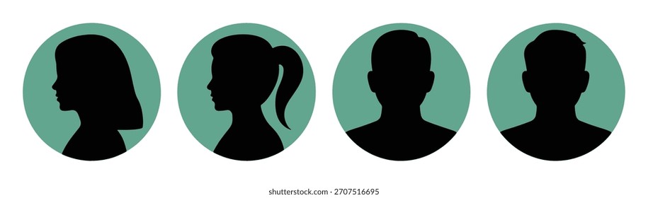 A minimalist vector illustration in a flat design style, featuring four circular profile portraits arranged horizontally