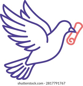 Minimalist vector illustration of flying carrier pigeon with scroll. Stylized dove messenger icon in line art style on white background.