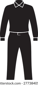 Minimalist vector illustration of a formal black shirt with collar and cuffs paired with matching pants.
