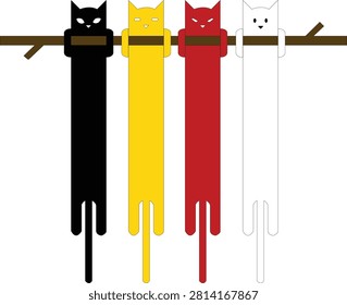 Minimalist vector illustration of four elongated colorful cats hanging lazily on a tree branch against an isolated white background.