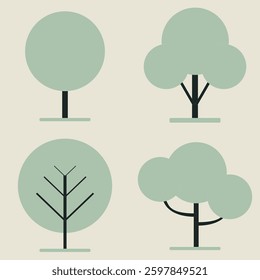 Minimalist vector illustration of four green tree icons with simple shapes and modern flat design for eco friendly concepts