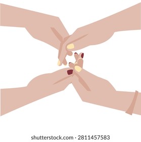 Minimalist vector illustration of four hands reaching toward the center with fingers gently touching and interlocking against a plain white background